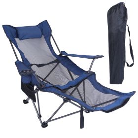 Foldable Camping Chair 330LBS Load Heavy Duty Steel Lawn Chair Collapsible Chair with Reclining Backrest Angle Cup Holder Pillow Side Pocket Carry Bag (Color: Blue)