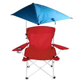 Foldable Beach Chair with Detachable Umbrella Armrest Adjustable Canopy Stool with Cup Holder Carry Bag for Camping Poolside Travel Picnic Lawn Chair (Color: Red)