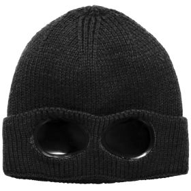 Unisex Knit Beanie Hat with Goggle Chunky Winter Warm Hat Skull Cap 4 Colors (Color: Black)