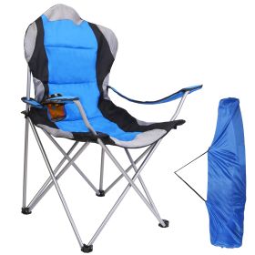 Foldable Camping Chair Heavy Duty Steel Lawn Chair Padded Seat Arm Back Beach Chair 330LBS Max Load with Cup Holder Carry Bag (Color: Blue)