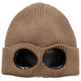 Unisex Knit Beanie Hat with Goggle Chunky Winter Warm Hat Skull Cap 4 Colors (Color: Khaki)